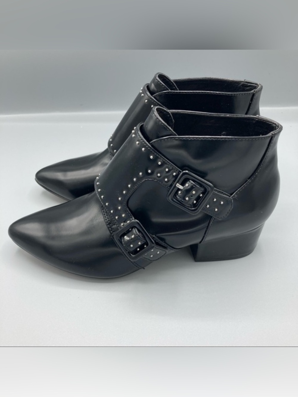 🌸 French Connection Black Studded Double-Buckle Ankle Booties